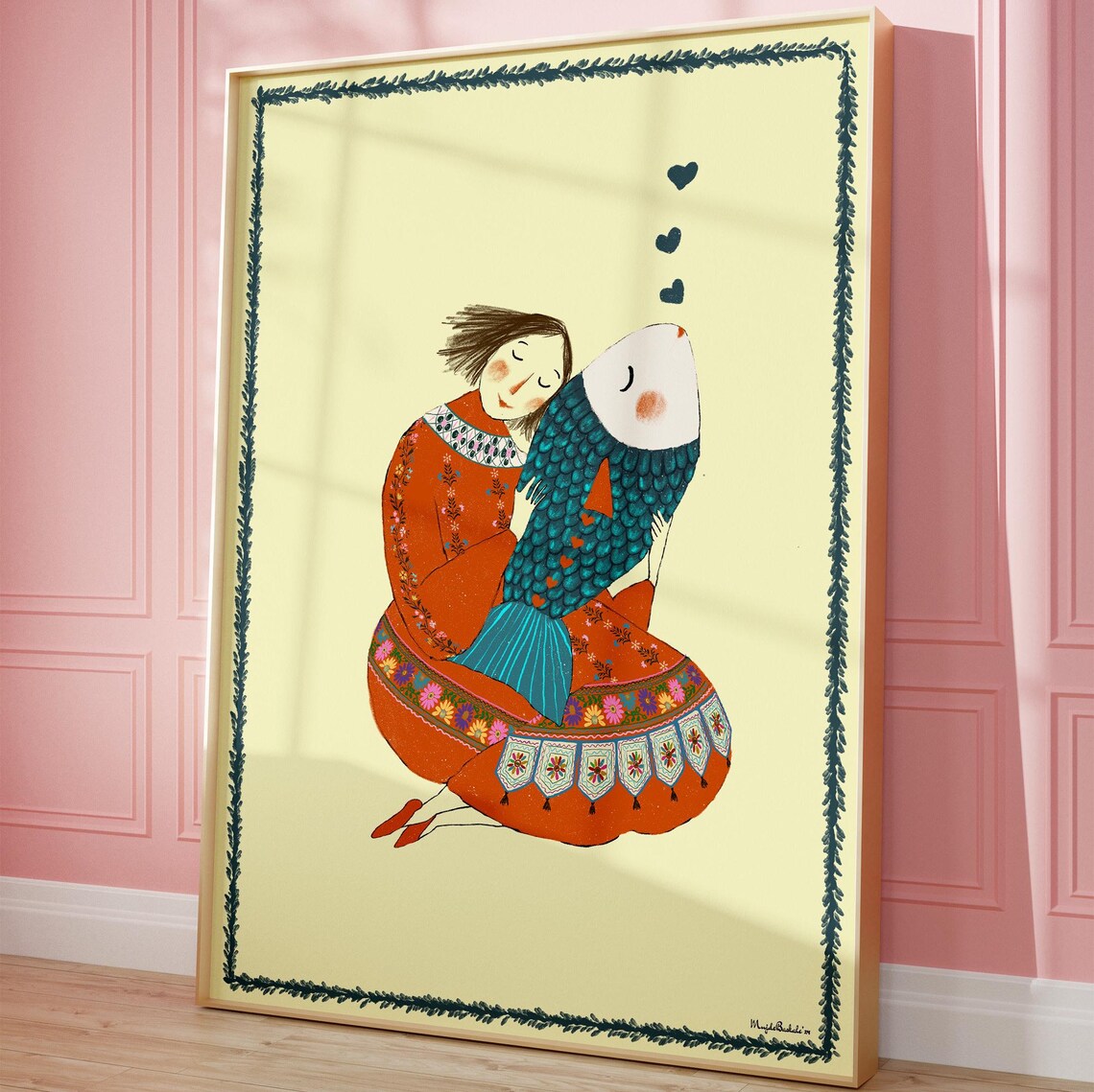 Girl Hugging Giant Teal Fish With Hearts Whimsical Folk Poster - Image 3