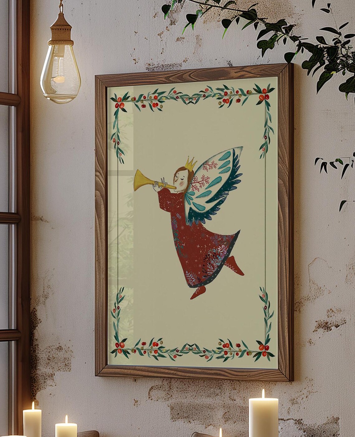 Christmas Angel Blowing Trumpet In Red Dress Festive Holiday Poster - Image 3