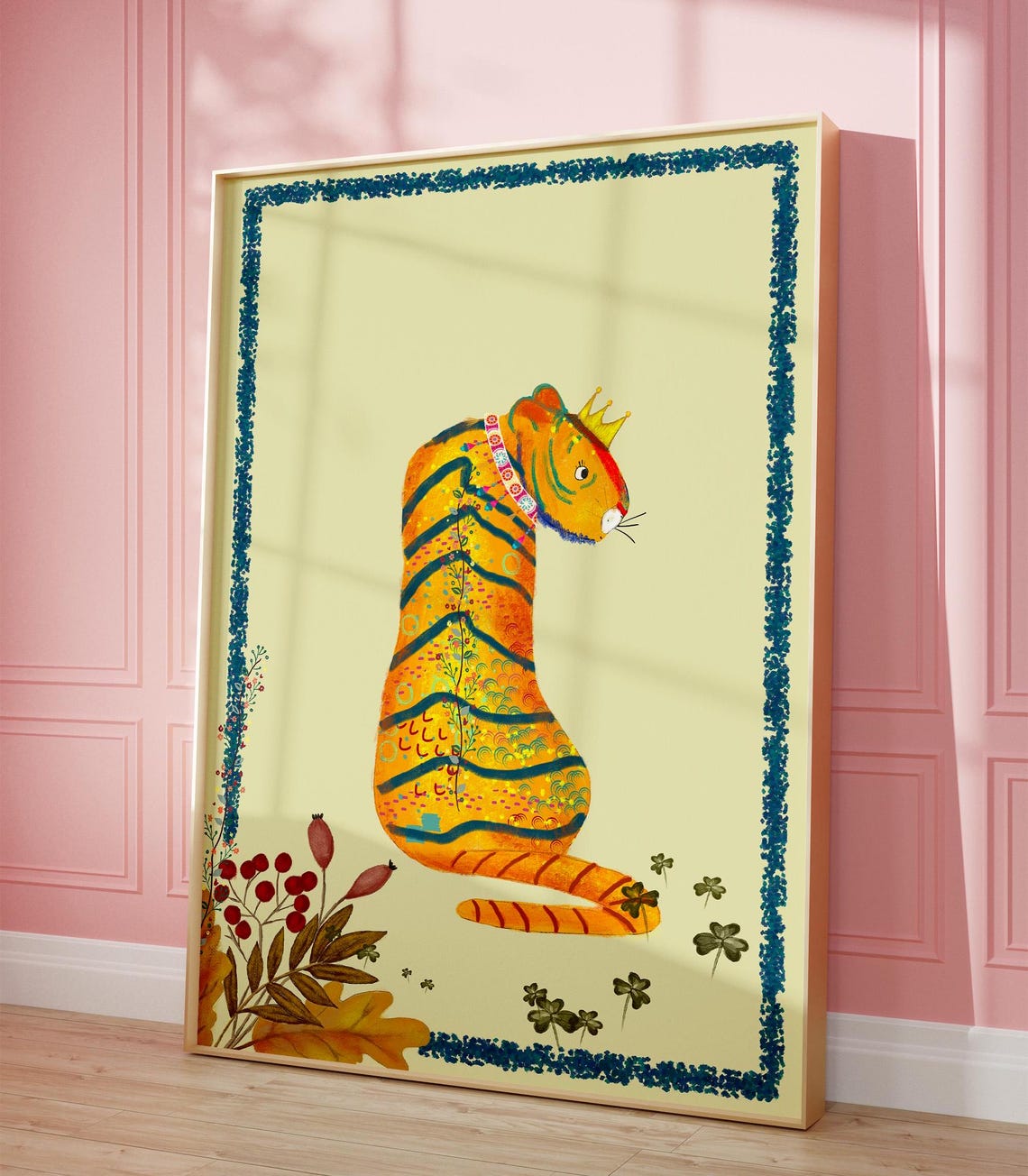 Crowned Tiger With Floral Pattern Folk Art Jungle Nursery Poster - Image 3