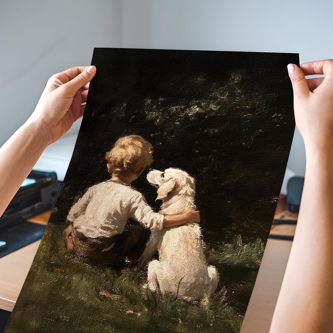 Boy And Dog Vintage Oil Painting, Farmhouse Decor - Image 2