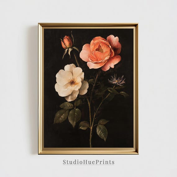 Vintage Moody Dark Flower Wall Art Moody Vintage Flowers Painting Rustic Floral Still Life Oil Painting Dark Academia Wall Art