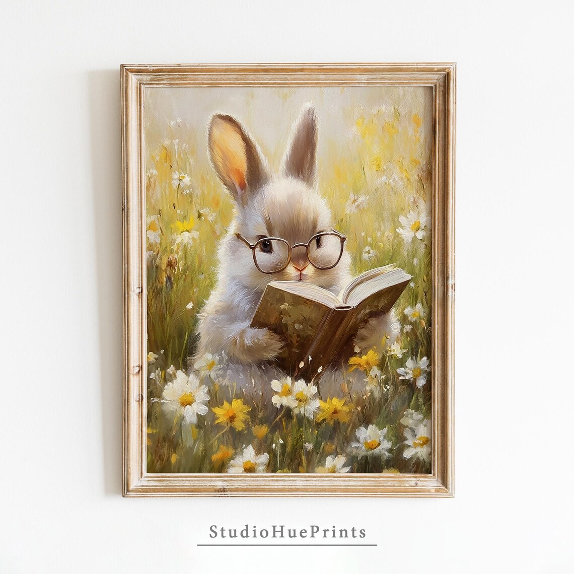 Easter Bunny Reading Book Art Print, Spring Nursery Decor