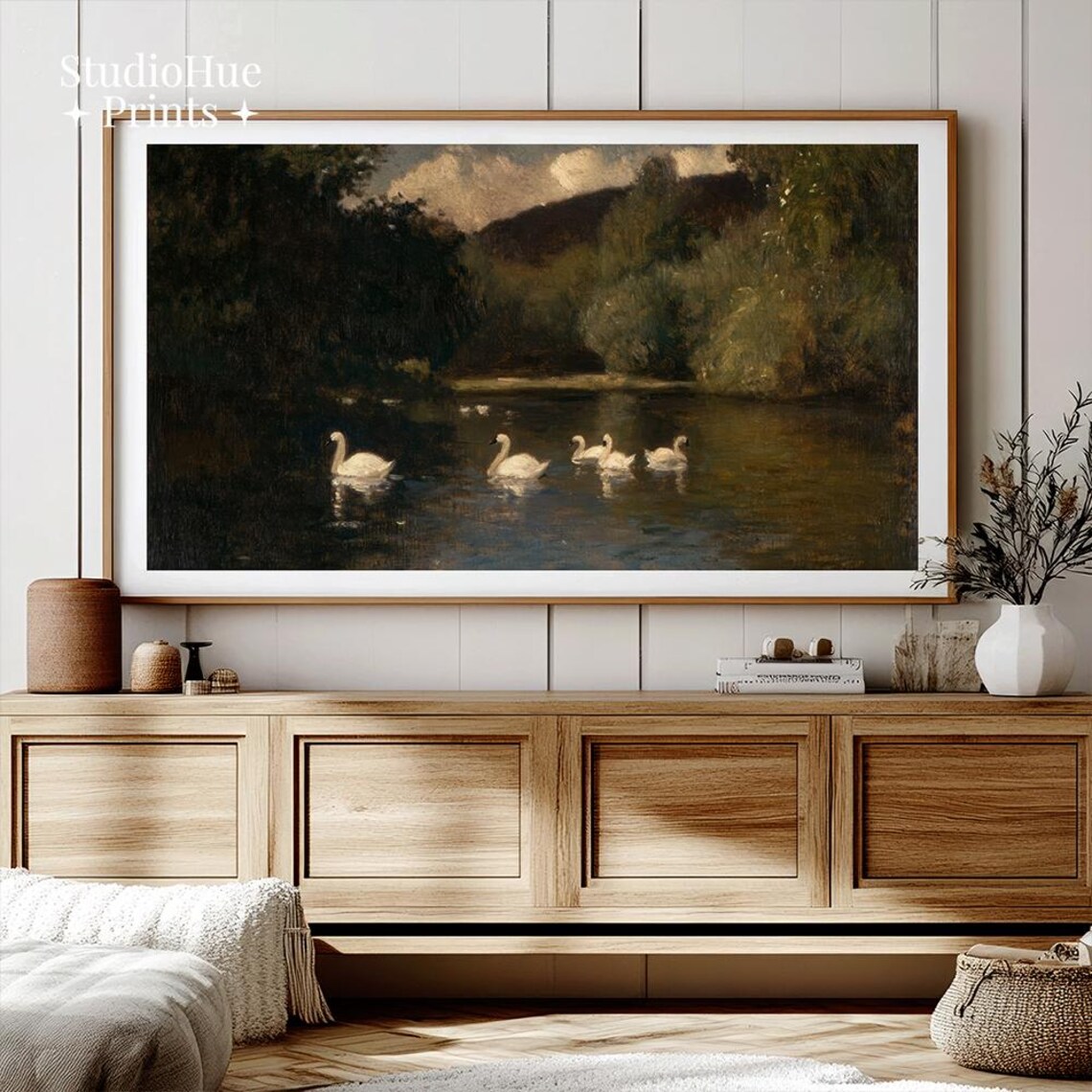 Vintage Swan Lake Art Print, Oil Painting Style - Image 2