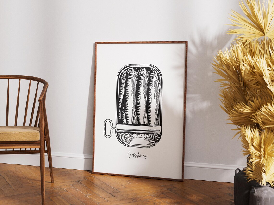 Vintage Sardines Tin Black Ink Fish Illustration Retro Kitchen Poster - Image 3