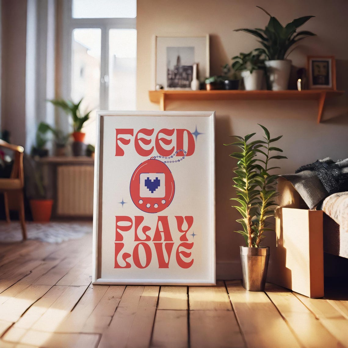 Red Retro Digital Pet Tamagotchi Feed Play Love 90s Nostalgia Poster - Image 2