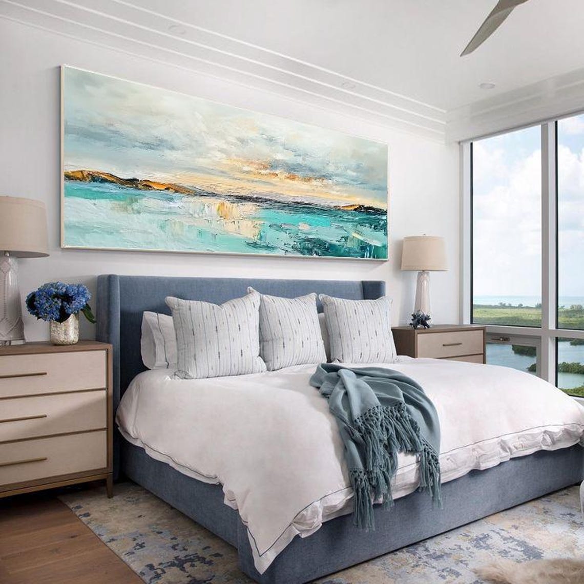 Turquoise Lakeside Sunset Abstract Reflection Painting Poster - Image 5