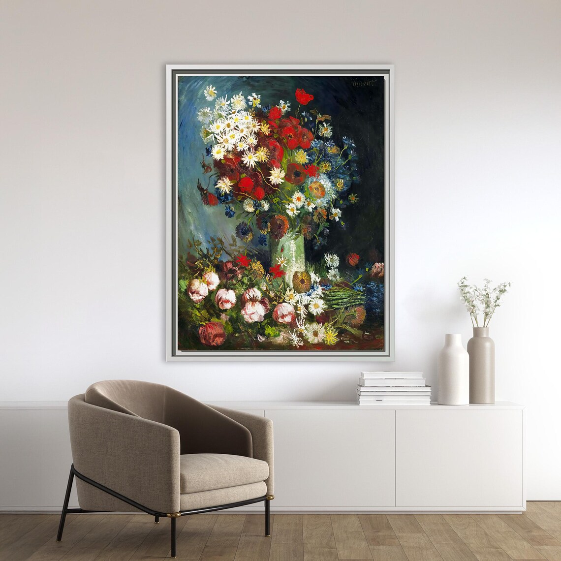Van Gogh Daisies And Poppies Vase Still Life Vintage Floral Print - Image 3