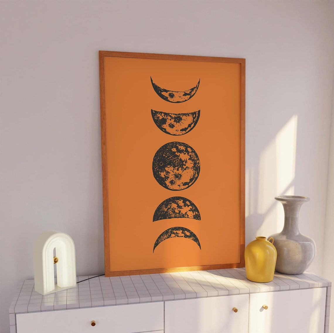 Moon Phases Column Orange Background Celestial Halloween Poster