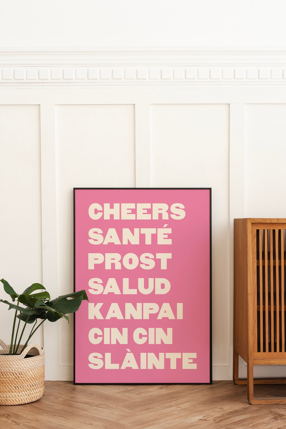 Cheers In Seven Languages Pink White Typography Bar Wall Poster - Image 5