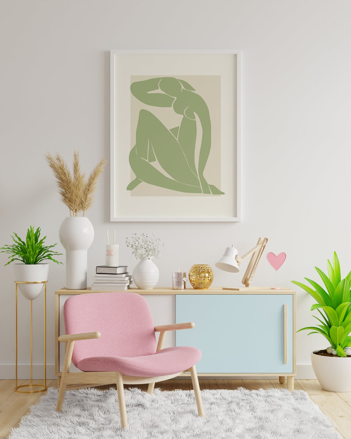 Sage Green Abstract Seated Nude Figure Paper Cut Out Art Poster - Image 4