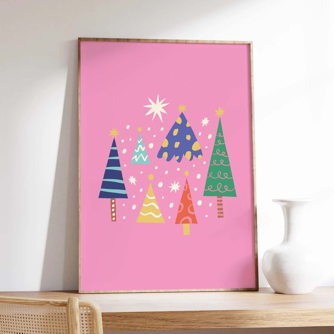 Six Colorful Patterned Christmas Trees Pink Retro Holiday Poster - Image 3