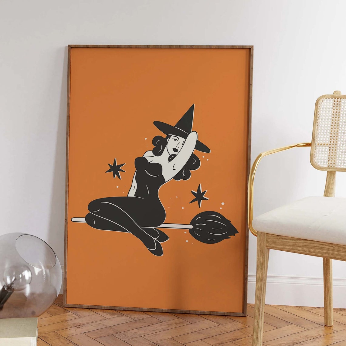 Pin Up Witch Riding Broom Orange Cute Retro Halloween Art Poster - Image 2