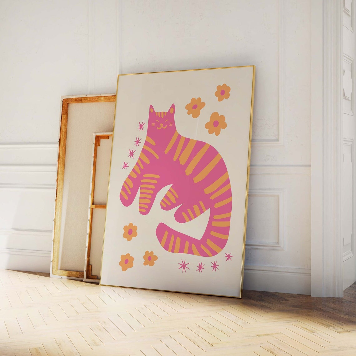 Pink Striped Cat With Orange Flowers Fun Whimsical Kitty Wall Print - Image 3