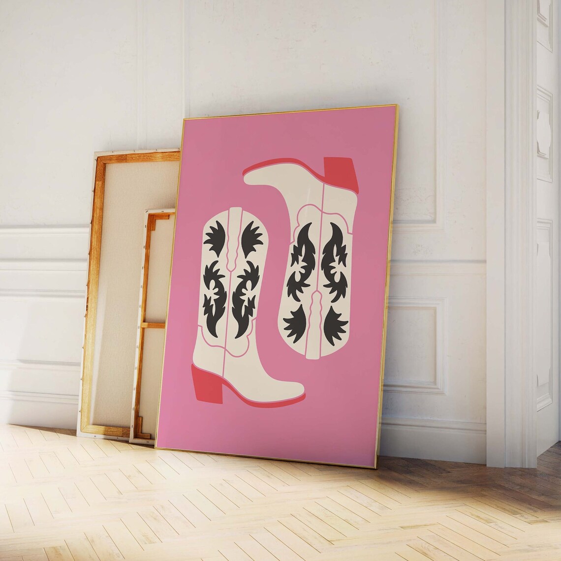 Black Floral Cowgirl Boots Pink Sole Western Retro Cowgirl Poster - Image 4