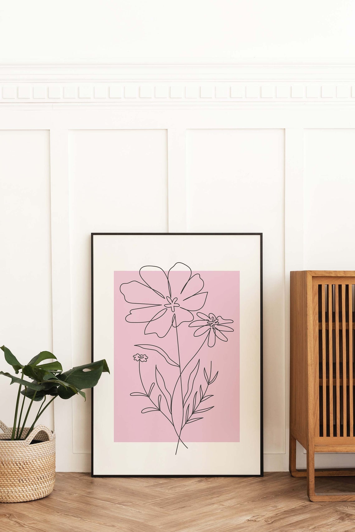 Pink Wildflower Line Art Black Minimalist Botanical Wall Poster - Image 4