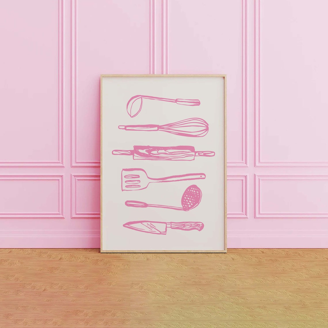 Pink Kitchen Utensils Line Art Sketch Cute Kitchen Wall Decor Poster - Image 2