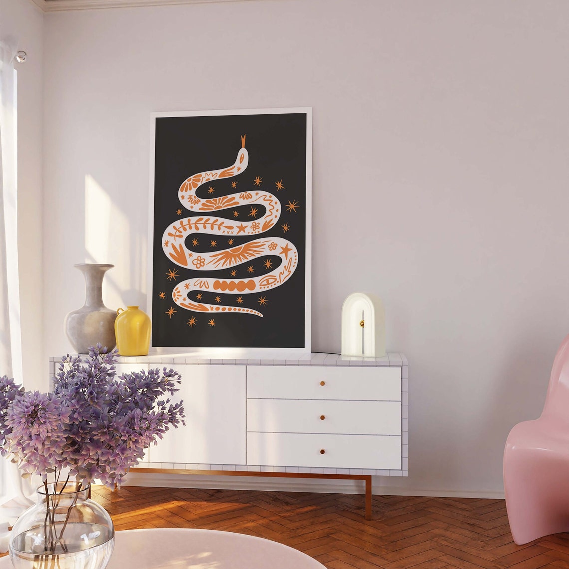 Boho Tattoo Snake Orange Halloween Illustration Black Art Poster - Image 6