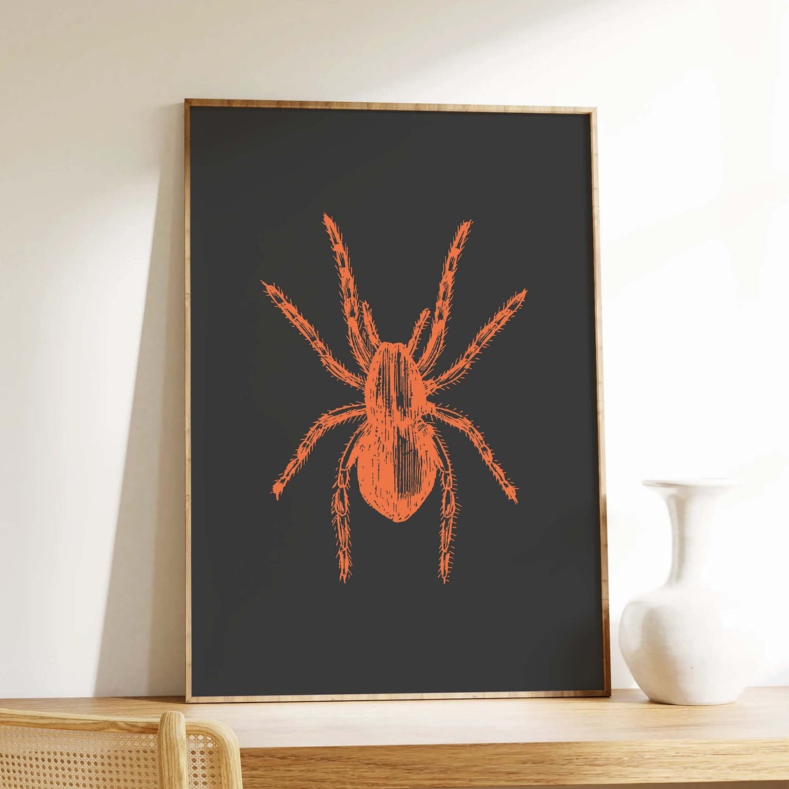 Orange Spider on Black Spooky Halloween Art Poster for Fall Decor
