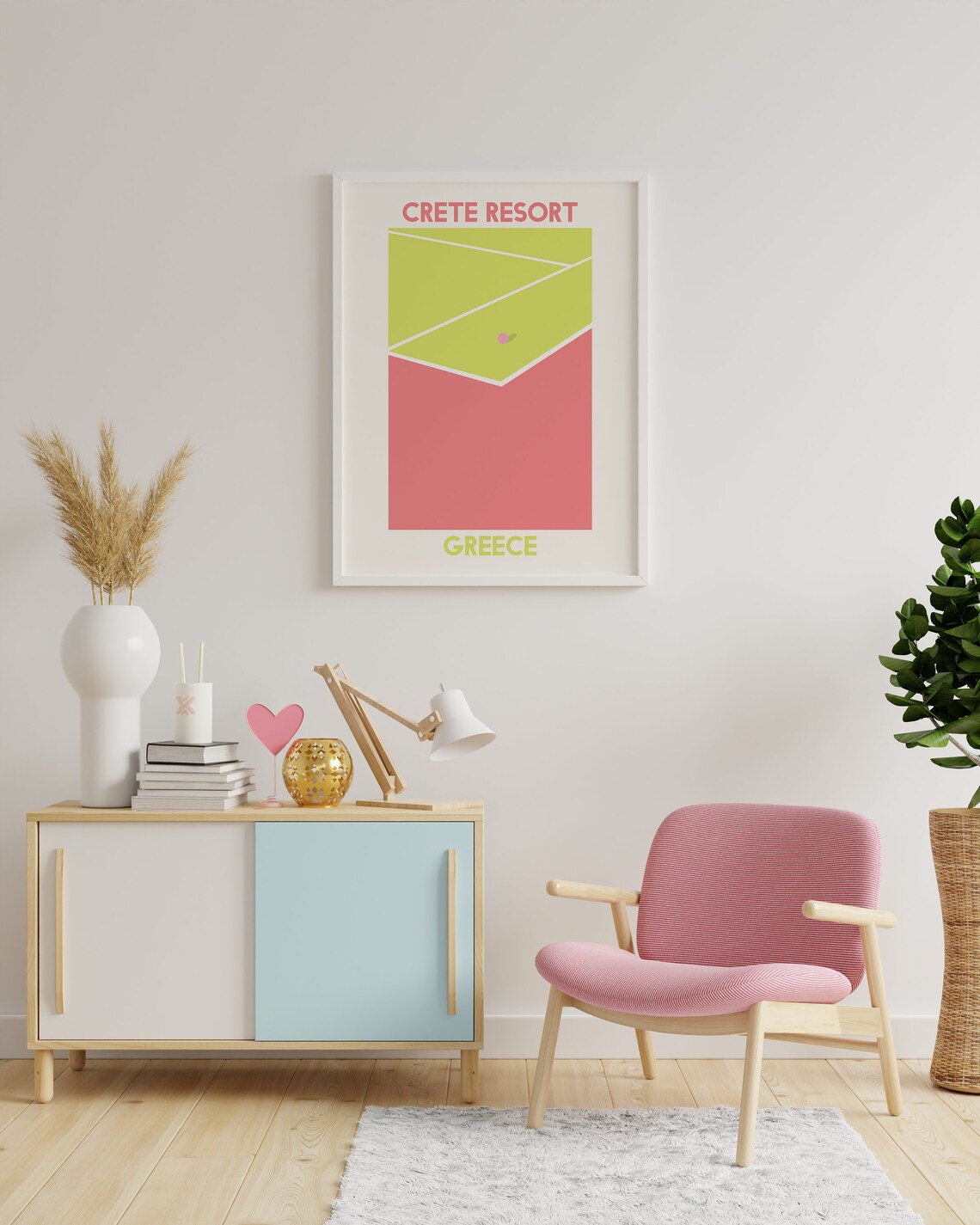 Crete Resort Greece Abstract Tennis Court Green Pink Art Poster - Image 2