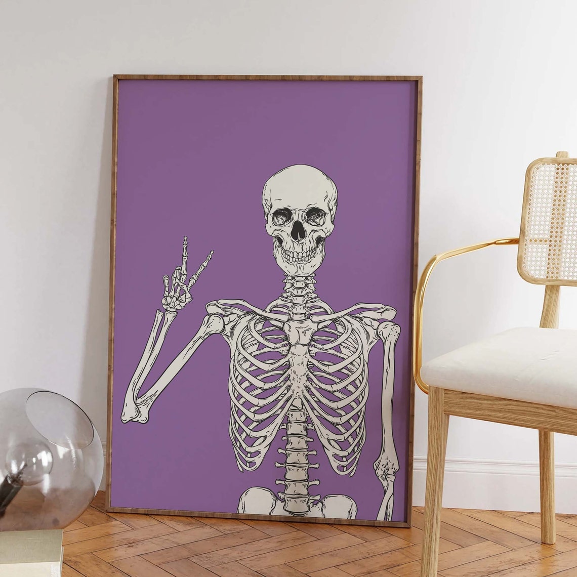Peace Sign Skeleton Purple Halloween Funny Bones Party Art Poster - Image 2