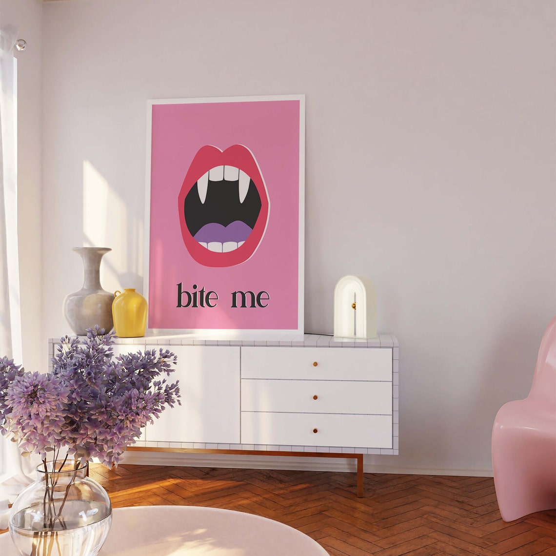 Bite Me Print Art Cute Pink Halloween Wall Decor Funny Vampire Art Print Trendy Halloween Wall Art - Image 5
