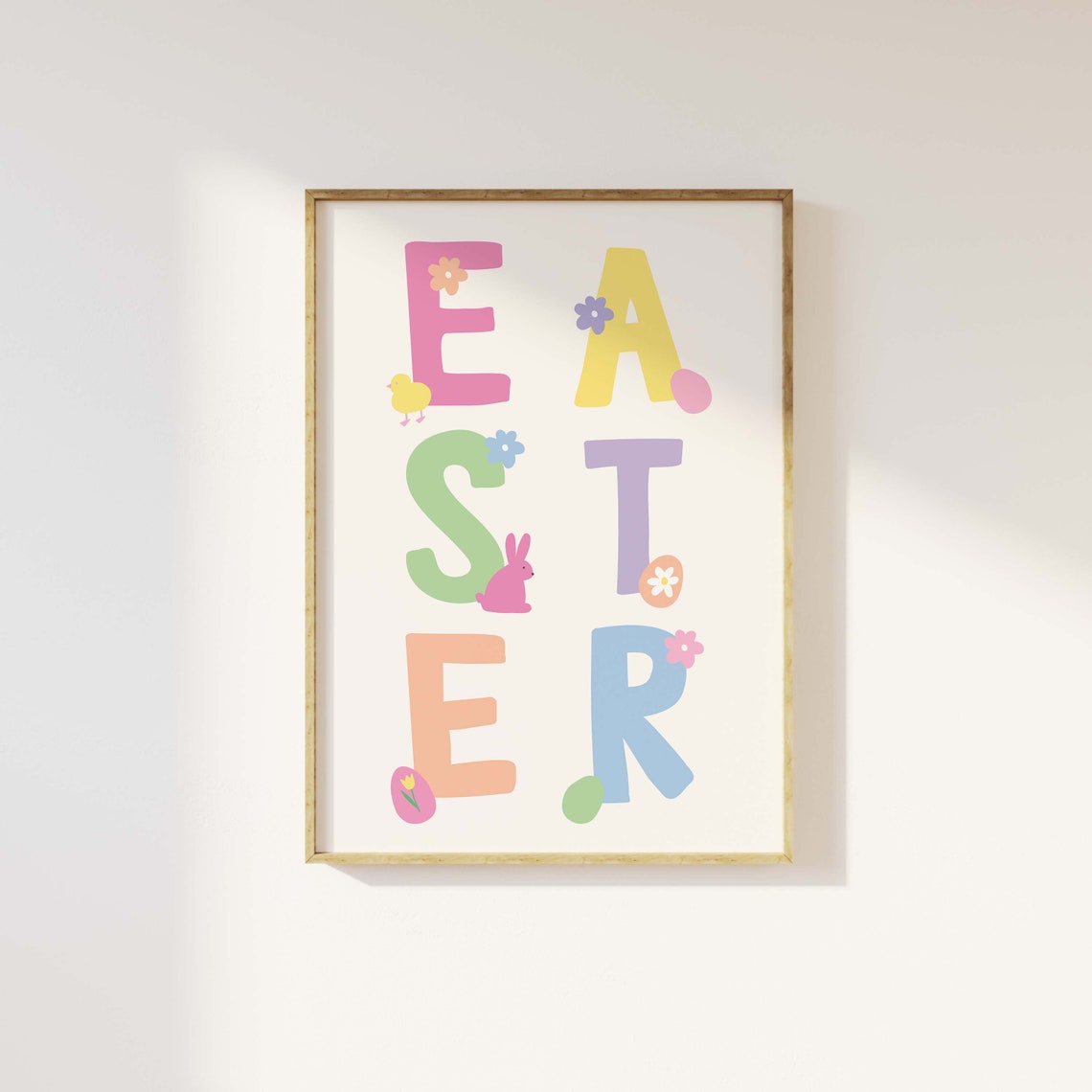 Pastel EASTER Block Letters Chick Bunny Painted Eggs Holiday Poster - Image 3