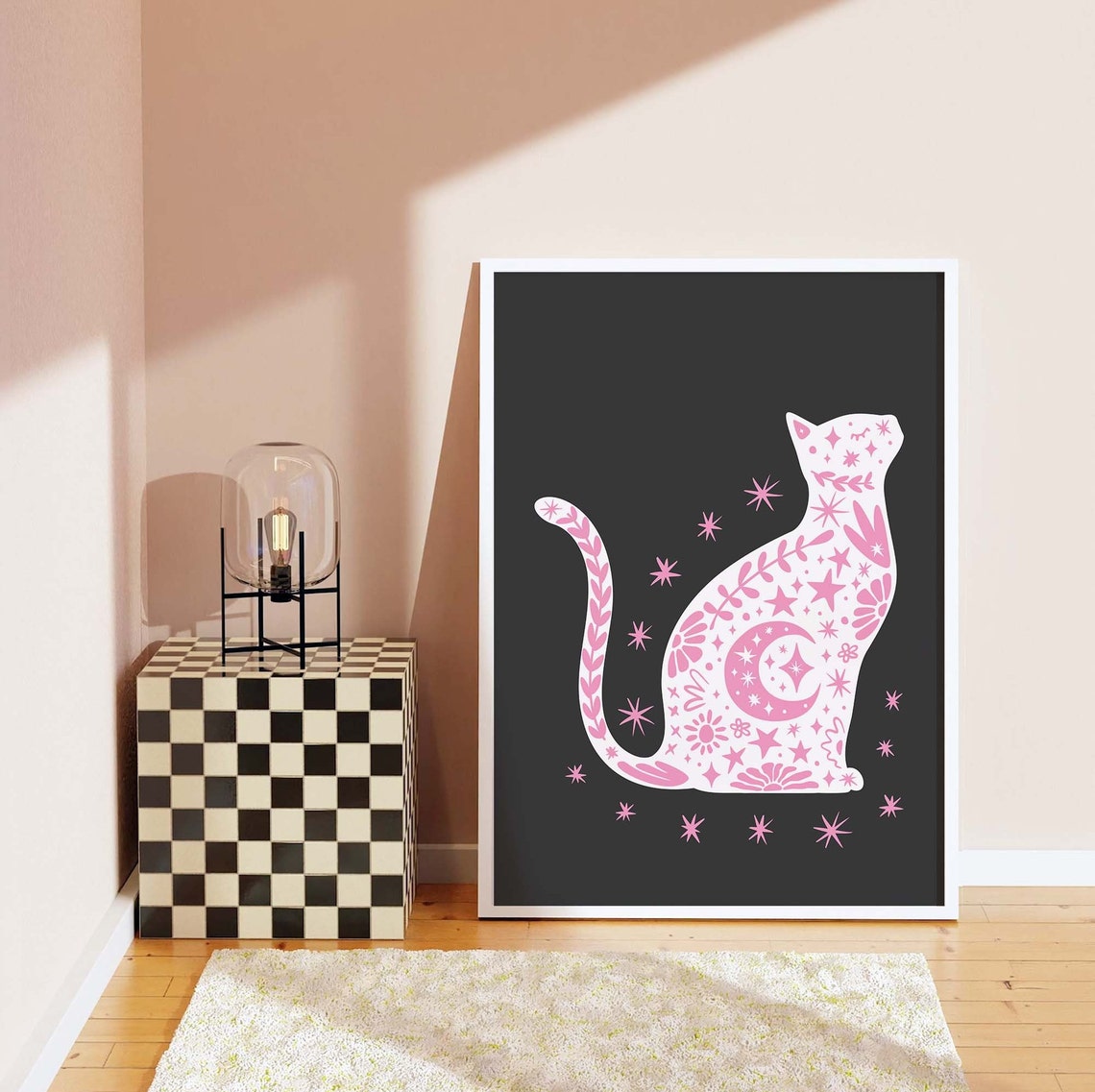 White Celestial Cat Black Background Pink Stars Halloween Poster - Image 6