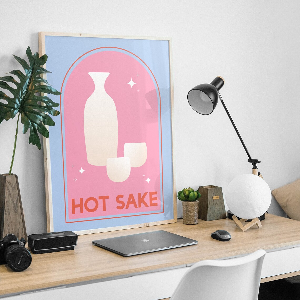 Hot Sake Bottle Cups Retro Japanese Bar Pink Blue Style Poster - Image 3