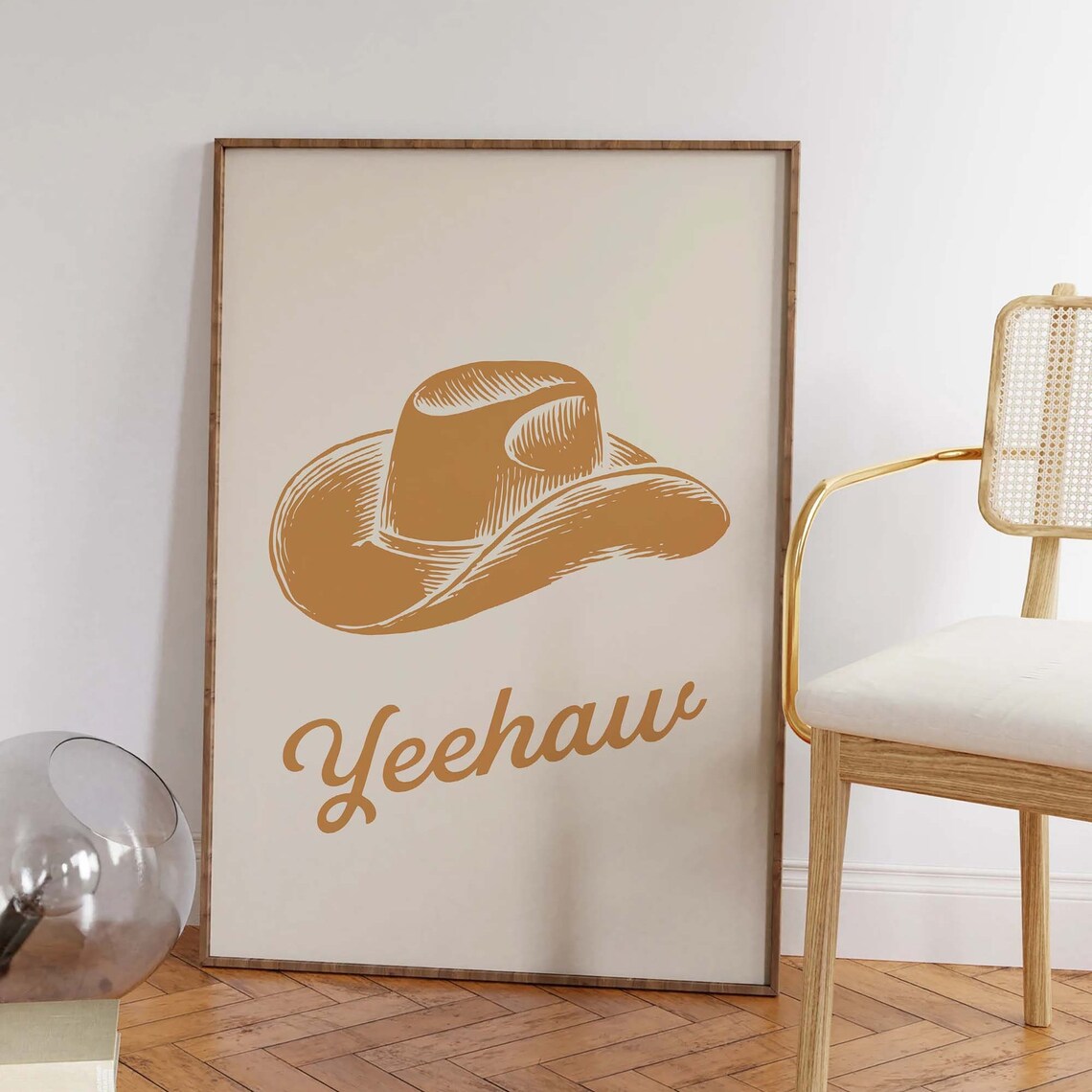 Tan Cowboy Hat Yeehaw Golden Retro Western Script Cream Art Poster - Image 2