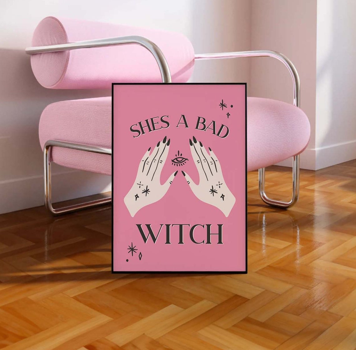 Shes A Bad Witch Print Art Cute Pink Gothic Art Poster Trendy Halloween Wall Art - Image 3