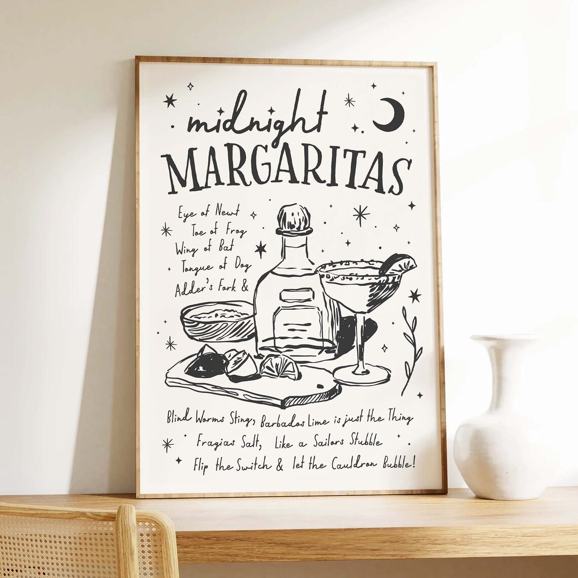 Midnight Margaritas Witchy Cocktail Recipe Art Poster for Kitchen Decor