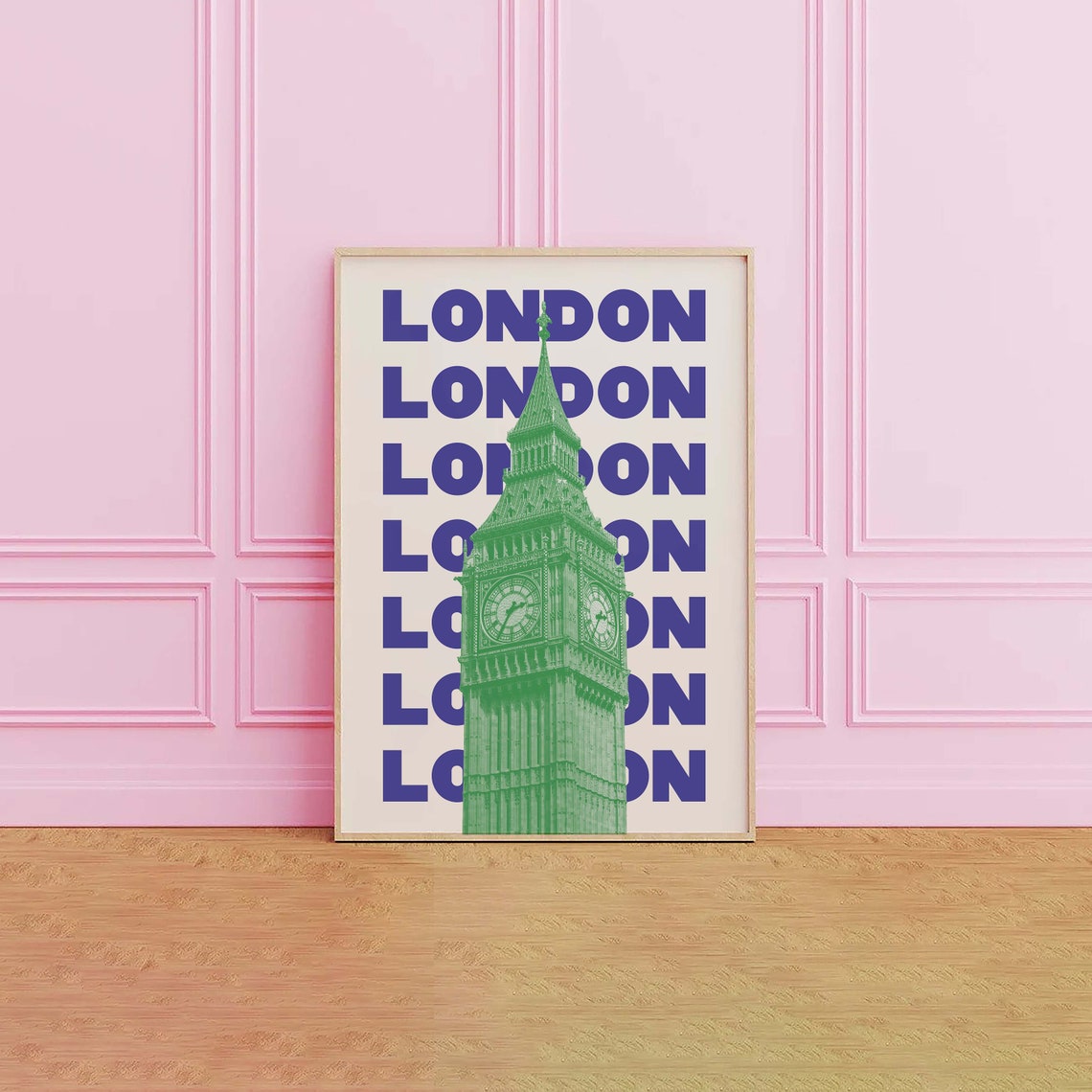 London Big Ben Clock Tower Poster with Green Tower Blue Typography - Image 5