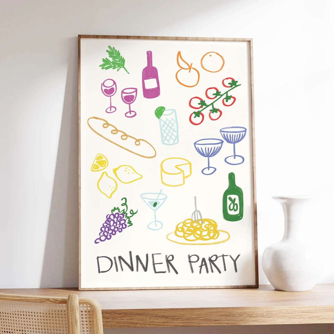 Dinner Party Hand Drawn Wine Food Illustration Kitchen Wall Decor Poster - Image 3