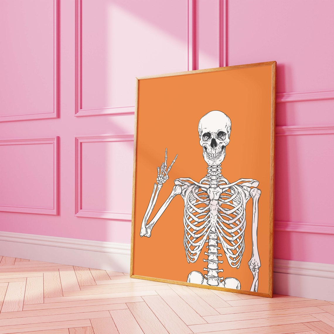 Gothic Skeleton Peace Sign Orange Background Halloween Art Poster - Image 4