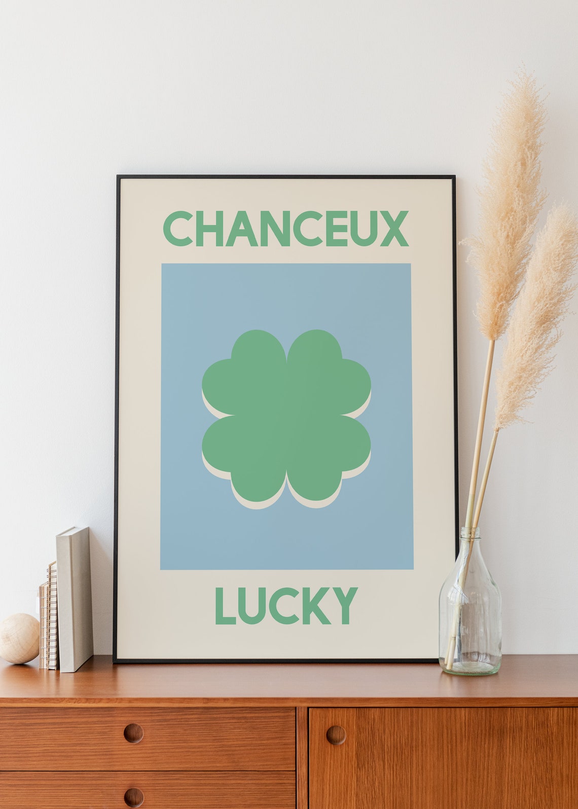 Chanceux Lucky Green Clover Minimalist Blue Modern Art Poster - Image 2