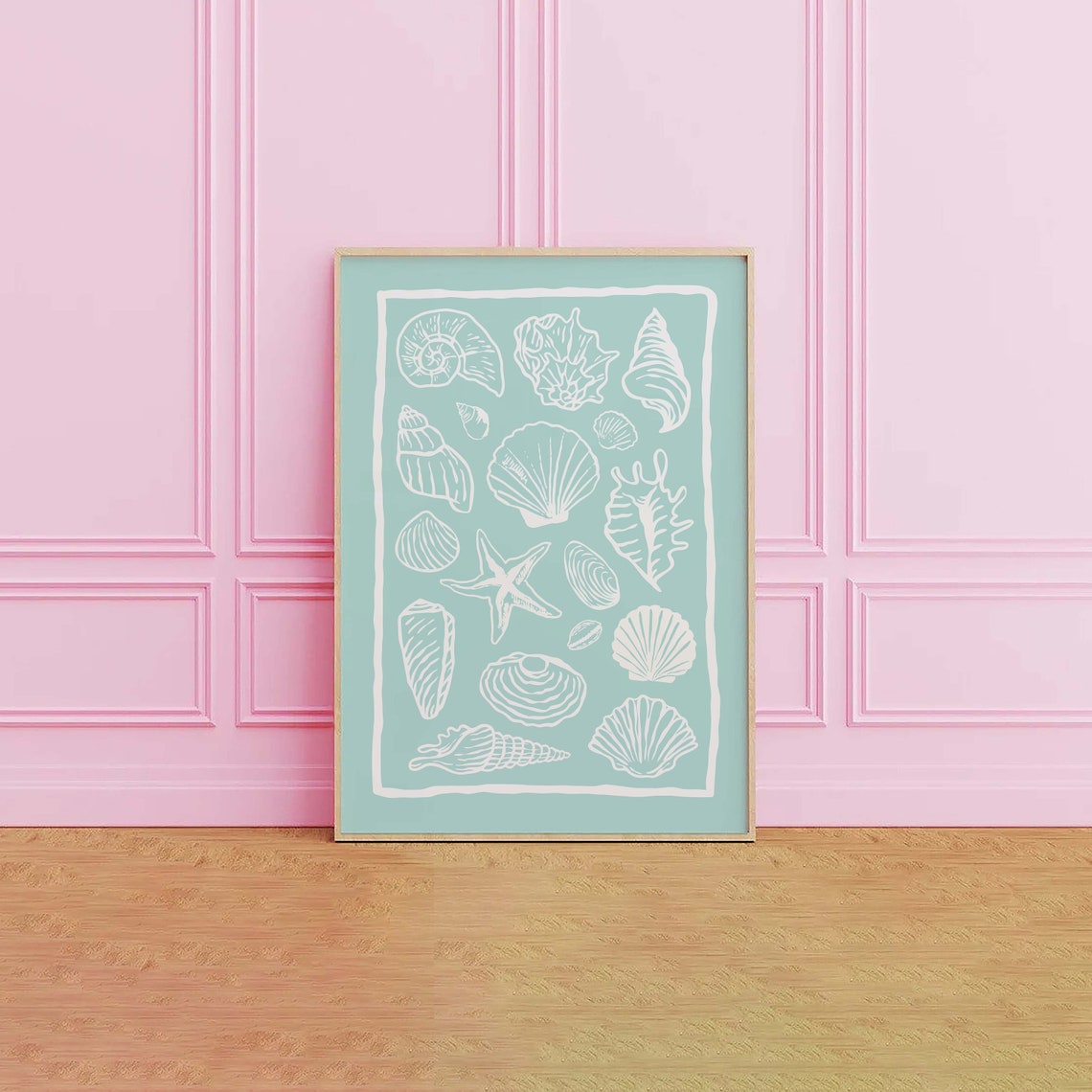 Mint Seashell Collage White Line Art Starfish Beach Decor Poster - Image 2