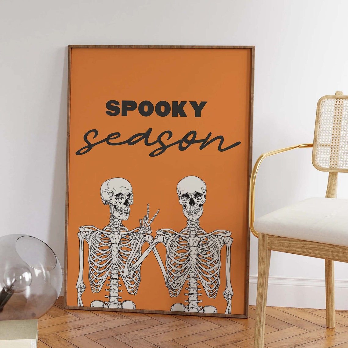 Spooky Season Skeleton Print Art Cute Orange Halloween Wall Decor Trendy Halloween Wall Art - Image 3