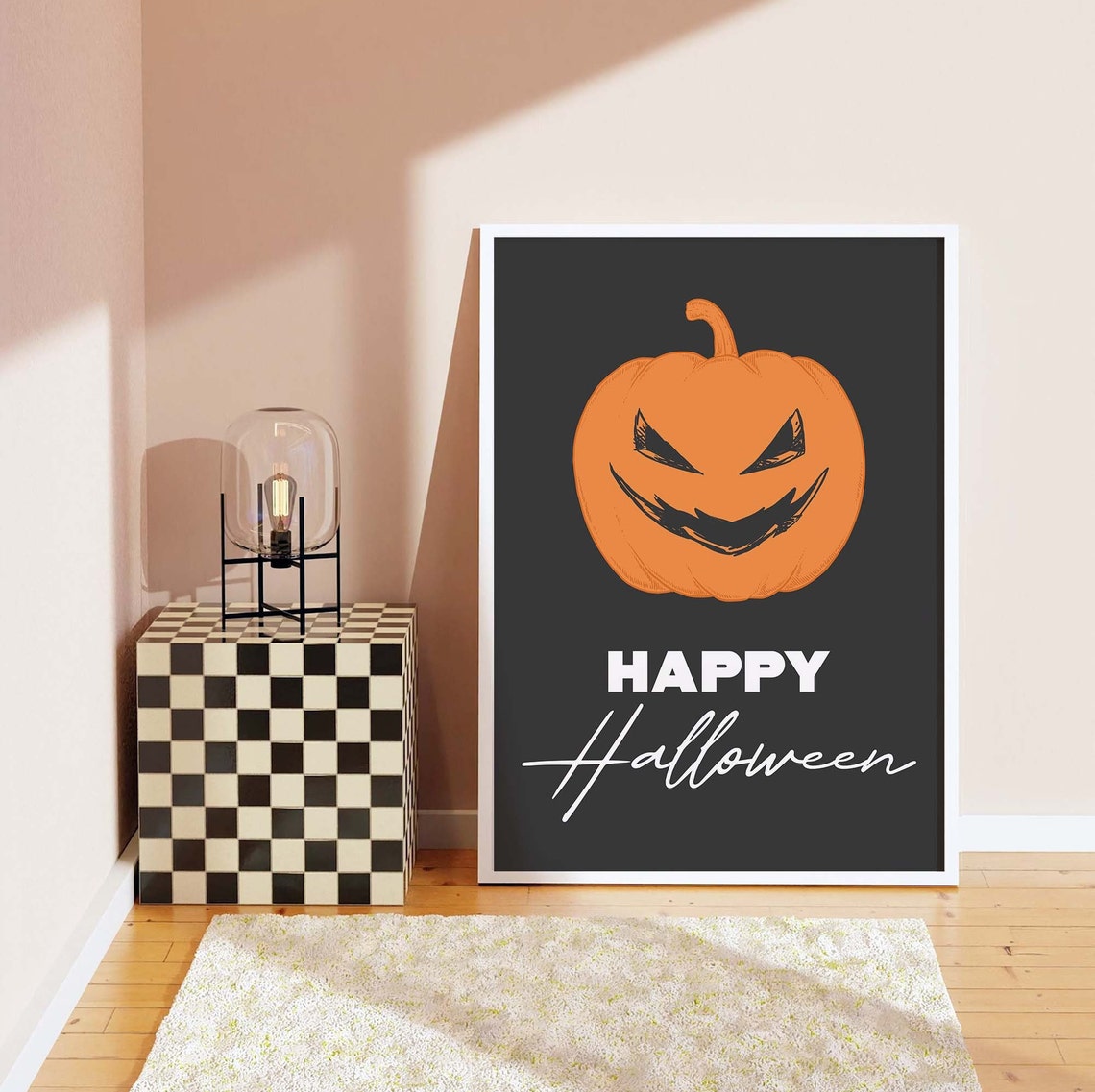 Happy Halloween Jack O Lantern Grinning Pumpkin Black Wall Art - Image 7
