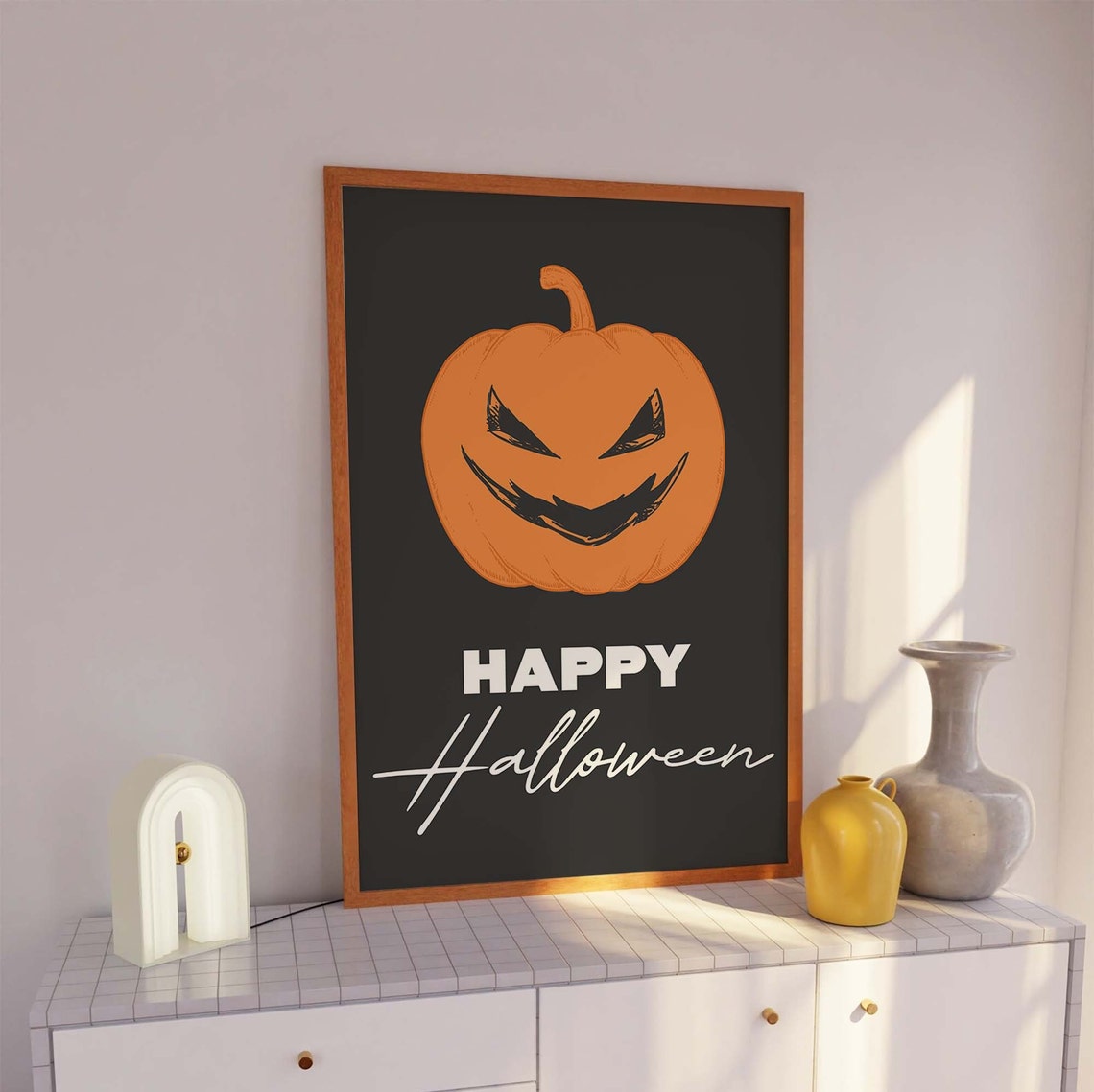 Happy Halloween Jack O Lantern Grinning Pumpkin Black Wall Art - Image 3