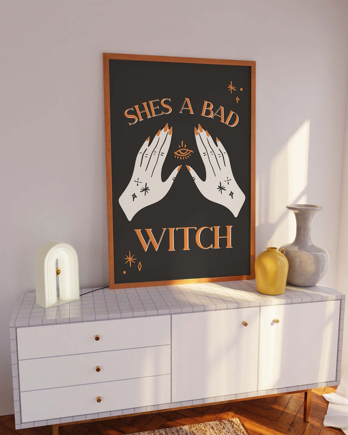 Shes A Bad Witch Hands Evil Eye Orange on Black Gothic Wall Art - Image 3