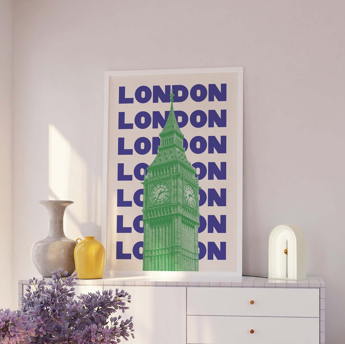 London Big Ben Clock Tower Poster with Green Tower Blue Typography - Image 4