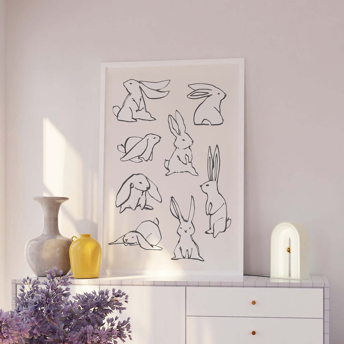Bunny Sketches Cream Neutral Background Minimal Ink Rabbit Poster - Image 2