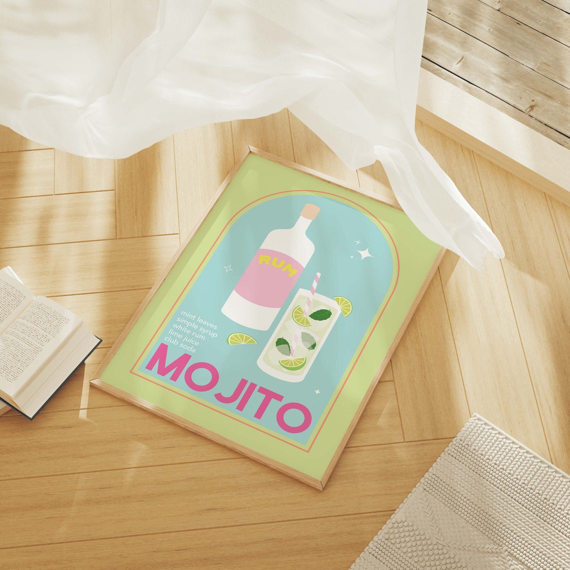Mojito Cocktail Recipe Poster with White Rum Bottle and Lime Art - Image 5