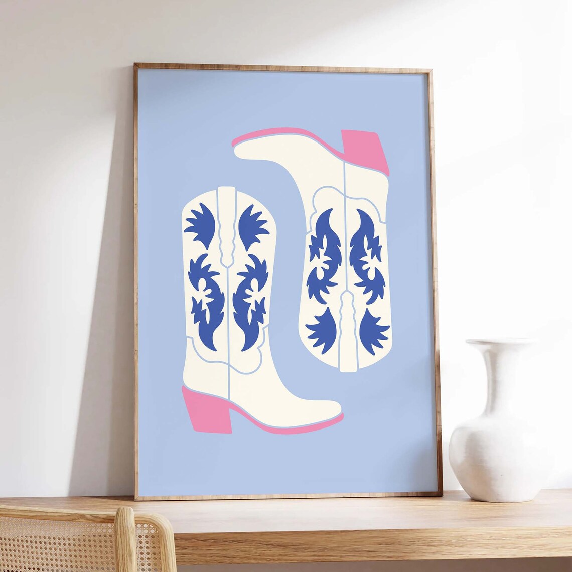 Blue Floral Cowgirl Boots Pink Sole Western Retro Cowgirl Poster - Image 3