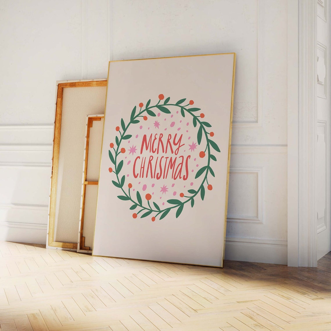 Merry Christmas Hand Lettered Berry Wreath Holiday Script Wall Print - Image 4