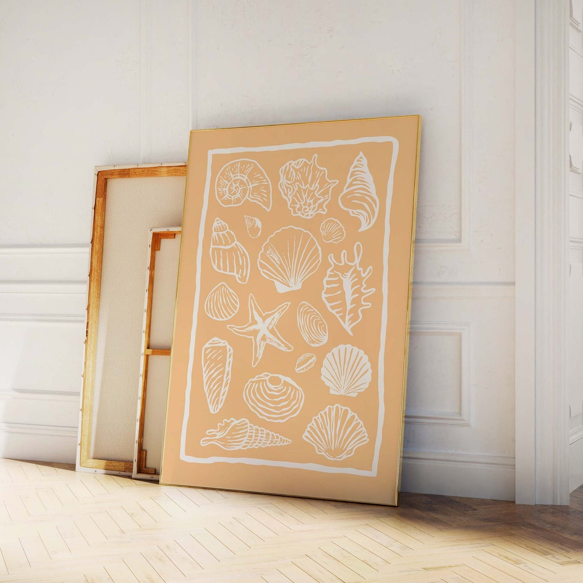 Apricot Seashell Collage White Line Art Starfish Beach Poster - Image 3
