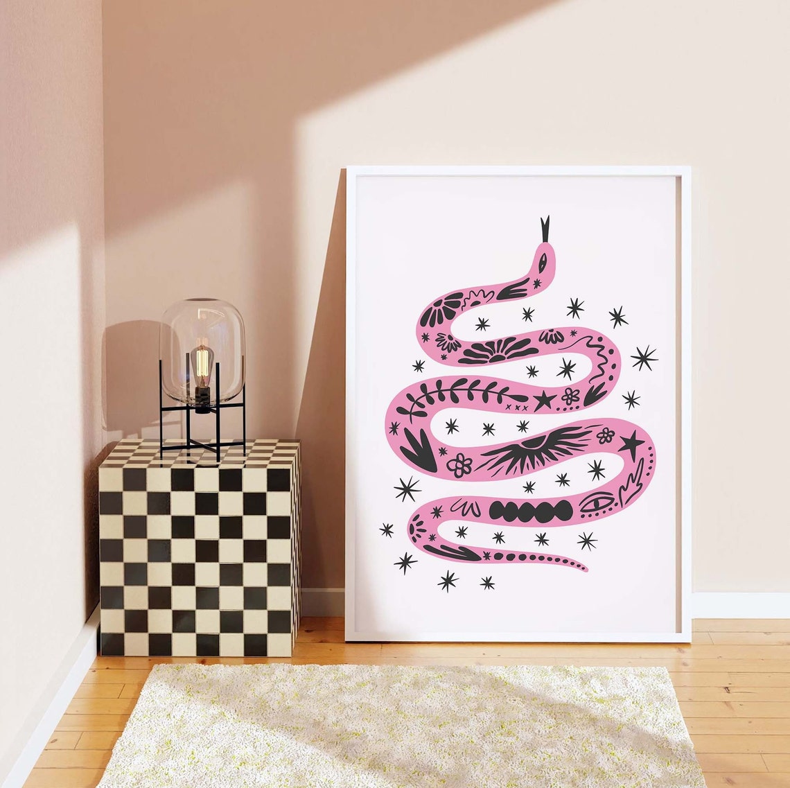 Boho Tattoo Snake Pink Illustration Starry Floral Art Poster - Image 7