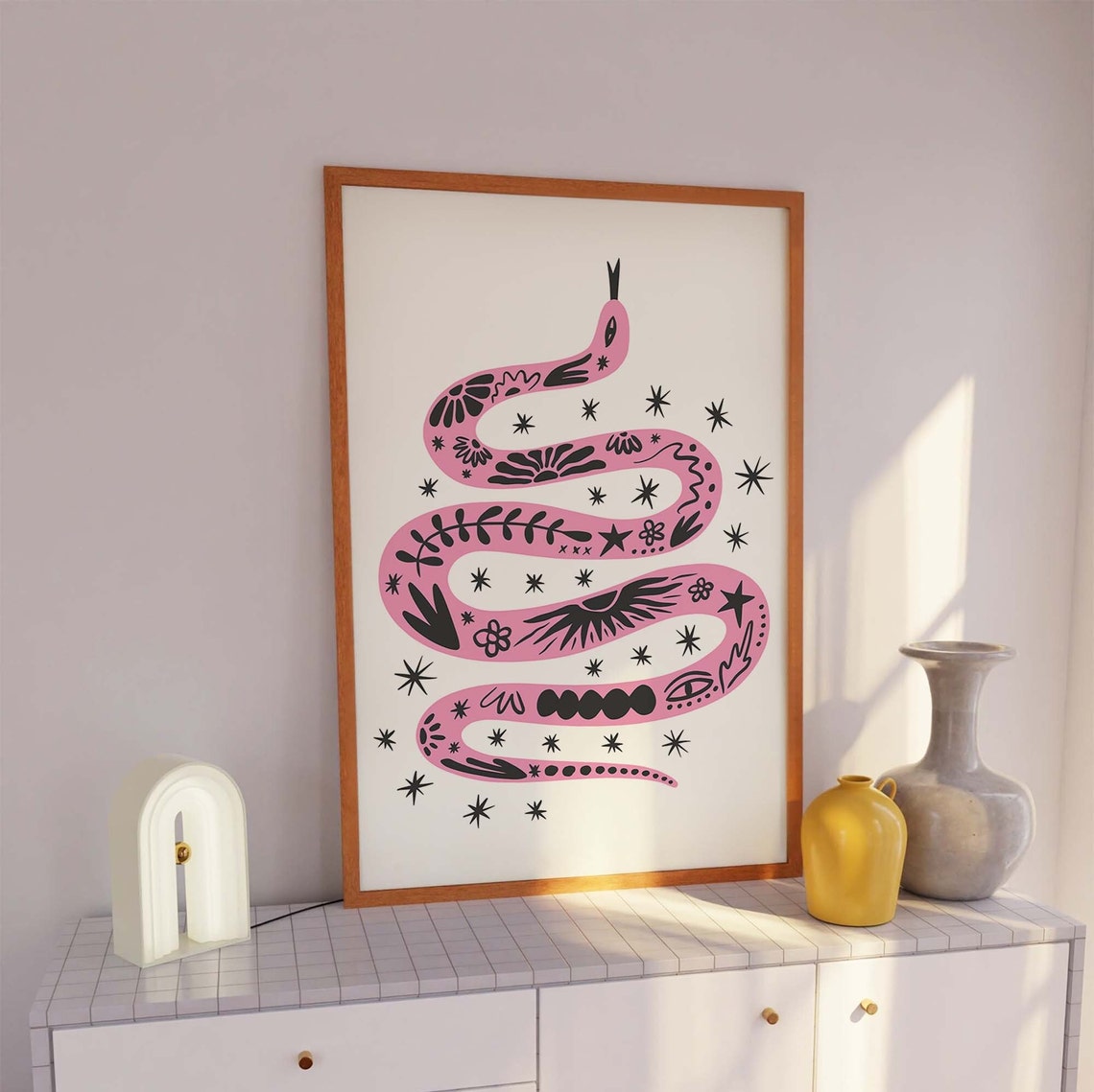 Boho Tattoo Snake Pink Illustration Starry Floral Art Poster - Image 3