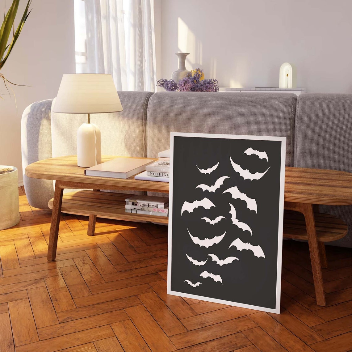 Flying Bat Silhouettes Minimal White on Black Halloween Poster - Image 7