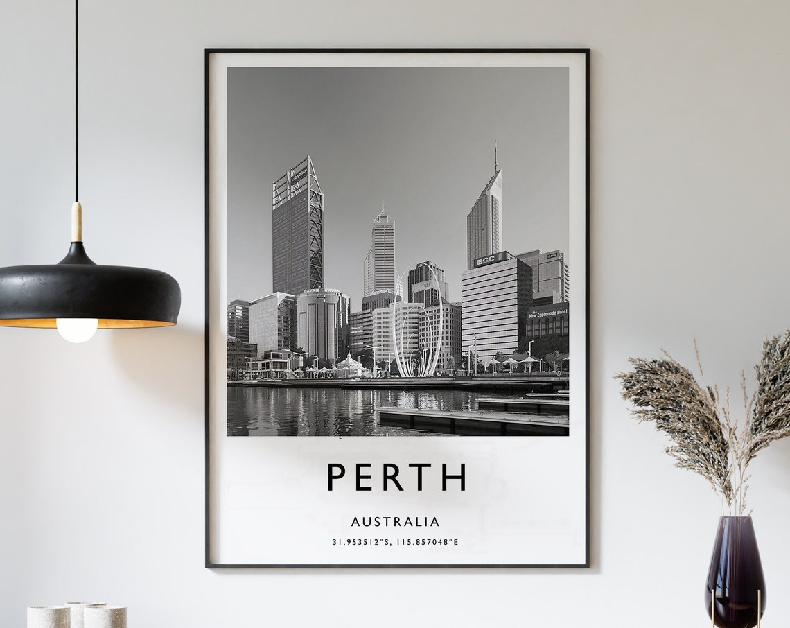 Perth Australia Black and White City Skyline River Photo Poster